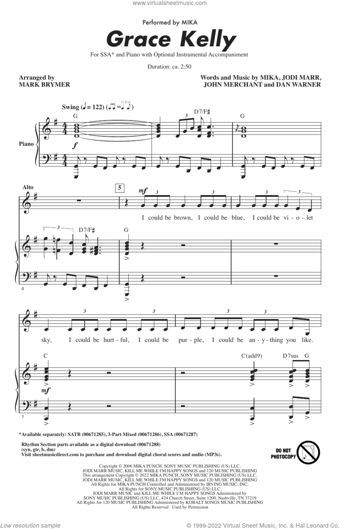 Grace Kelly (arr. Mark Brymer) sheet music for choir (SSA: soprano, alto) by Mika, Mark Brymer, Dan Warner, Jodi Marr and John Merchant, intermediate skill level