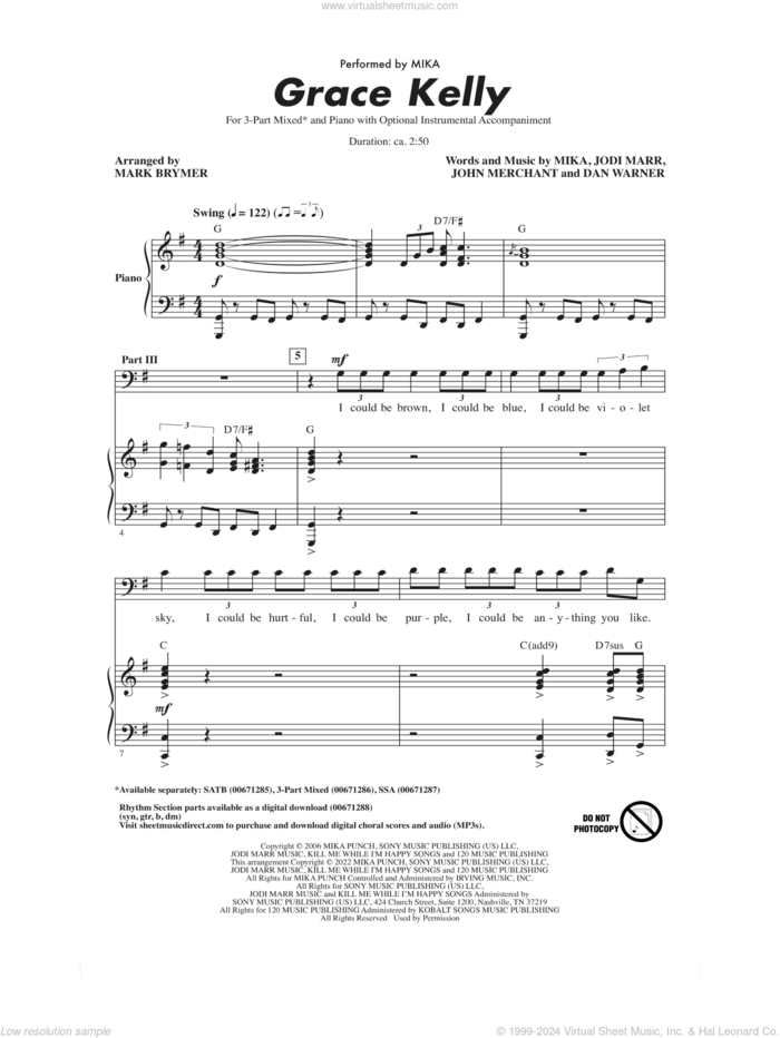 Grace Kelly (arr. Mark Brymer) sheet music for choir (3-Part Mixed) by Mika, Mark Brymer, Dan Warner, Jodi Marr and John Merchant, intermediate skill level