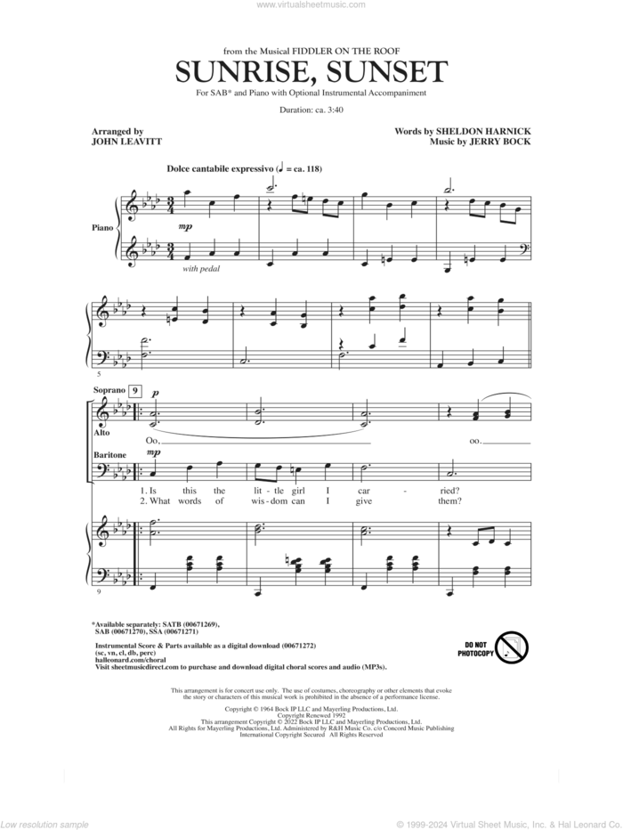 Sunrise, Sunset (from Fiddler On The Roof) (arr. John Leavitt) sheet music for choir (SAB: soprano, alto, bass) by Bock & Harnick, John Leavitt, Jerry Bock and Sheldon Harnick, intermediate skill level