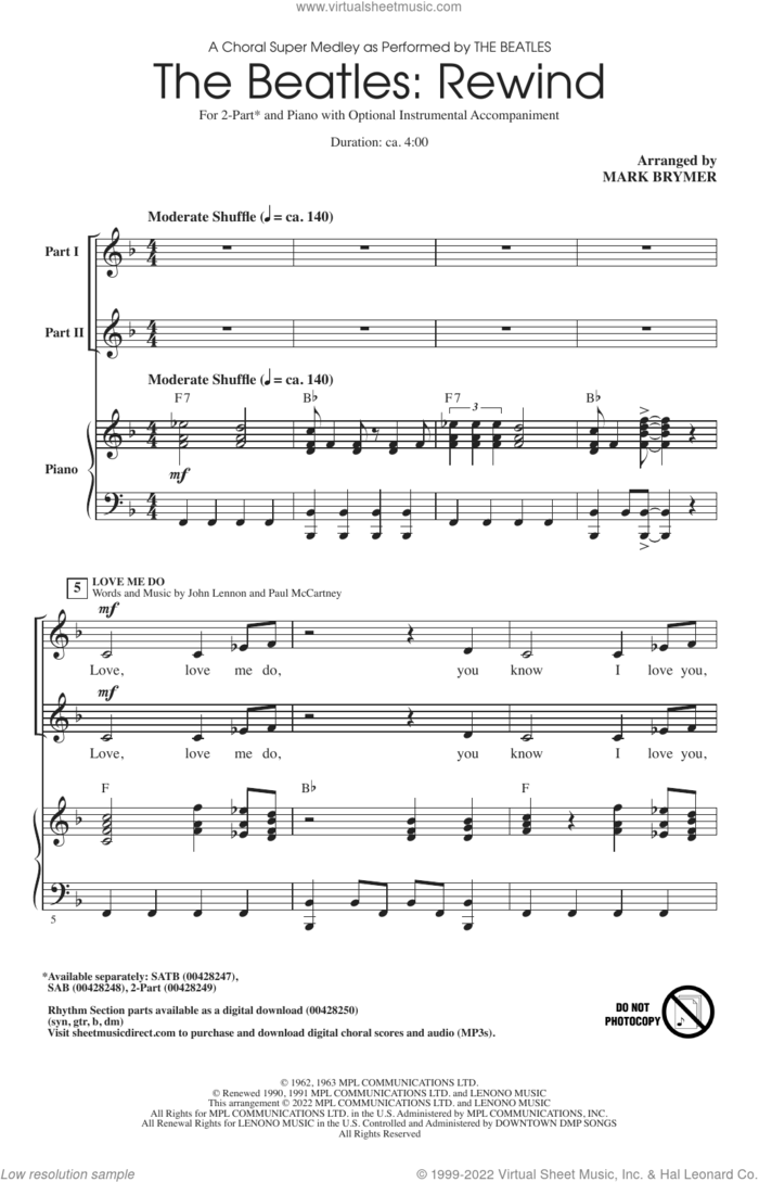 The Beatles: Rewind (Medley) (arr. Mark Brymer) sheet music for choir (2-Part) by The Beatles, Mark Brymer, George Harrison, John Lennon and Paul McCartney, intermediate duet