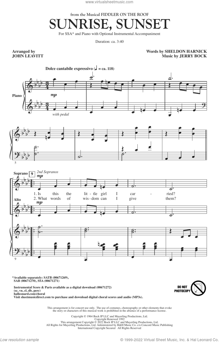 Sunrise, Sunset (from Fiddler On The Roof) (arr. John Leavitt) sheet music for choir (SSA: soprano, alto) by Bock & Harnick, John Leavitt, Jerry Bock and Sheldon Harnick, intermediate skill level