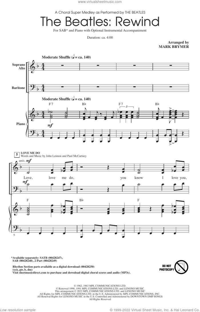 The Beatles: Rewind (Medley) (arr. Mark Brymer) sheet music for choir (SAB: soprano, alto, bass) by The Beatles, Mark Brymer, George Harrison, John Lennon and Paul McCartney, intermediate skill level