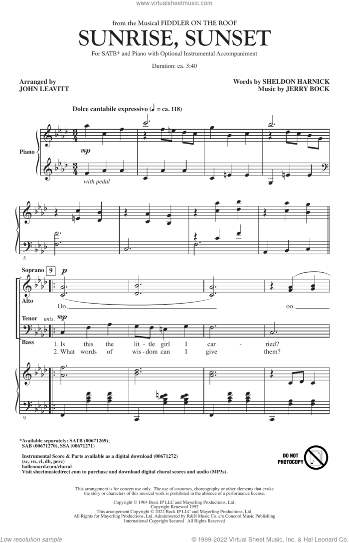 Sunrise, Sunset (from Fiddler On The Roof) (arr. John Leavitt) sheet music for choir (SATB: soprano, alto, tenor, bass) by Bock & Harnick, John Leavitt, Jerry Bock and Sheldon Harnick, intermediate skill level