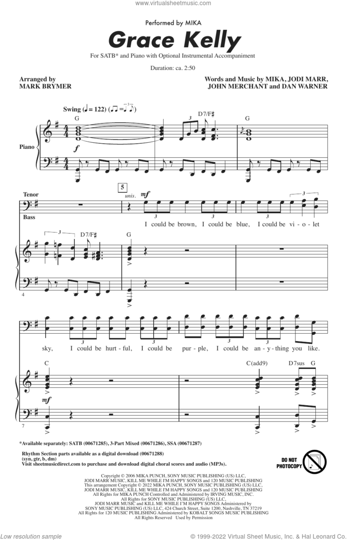 Grace Kelly (arr. Mark Brymer) sheet music for choir (SATB: soprano, alto, tenor, bass) by Mika, Mark Brymer, Dan Warner, Jodi Marr and John Merchant, intermediate skill level