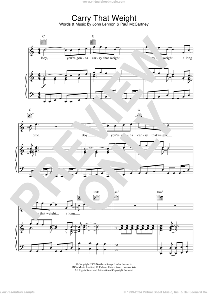 Carry That Weight sheet music for voice, piano or guitar by The Beatles, intermediate skill level