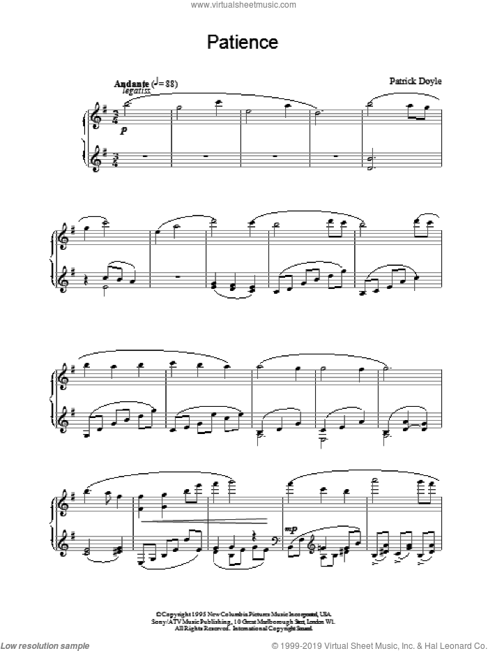 Patience sheet music for piano solo by Patrick Doyle and Patrick  Doyle, intermediate skill level