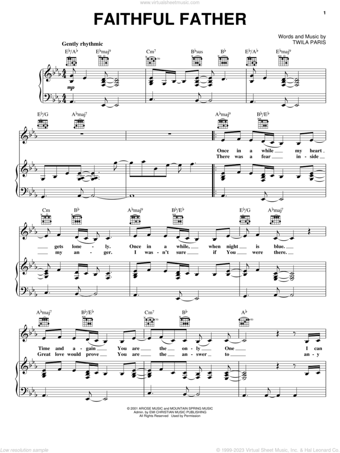 Faithful Father sheet music for voice, piano or guitar by Twila Paris, intermediate skill level
