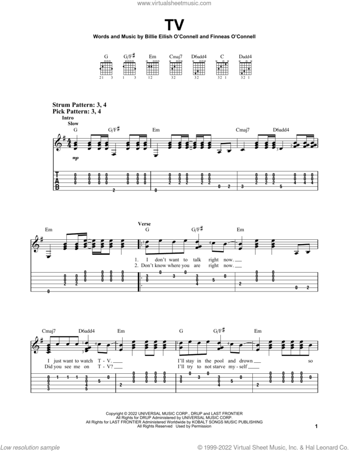 TV sheet music for guitar solo (easy tablature) by Billie Eilish, easy guitar (easy tablature)