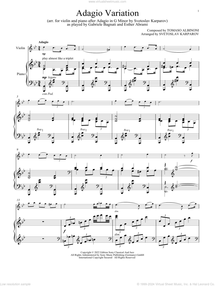 Adagio Variation (arr. Svetoslav Karparov) sheet music for violin and piano by Gabriele Bagnati and Esther Abrami, Svetoslav Karparov (arr.) and Tomaso Albinoni, classical score, intermediate skill level
