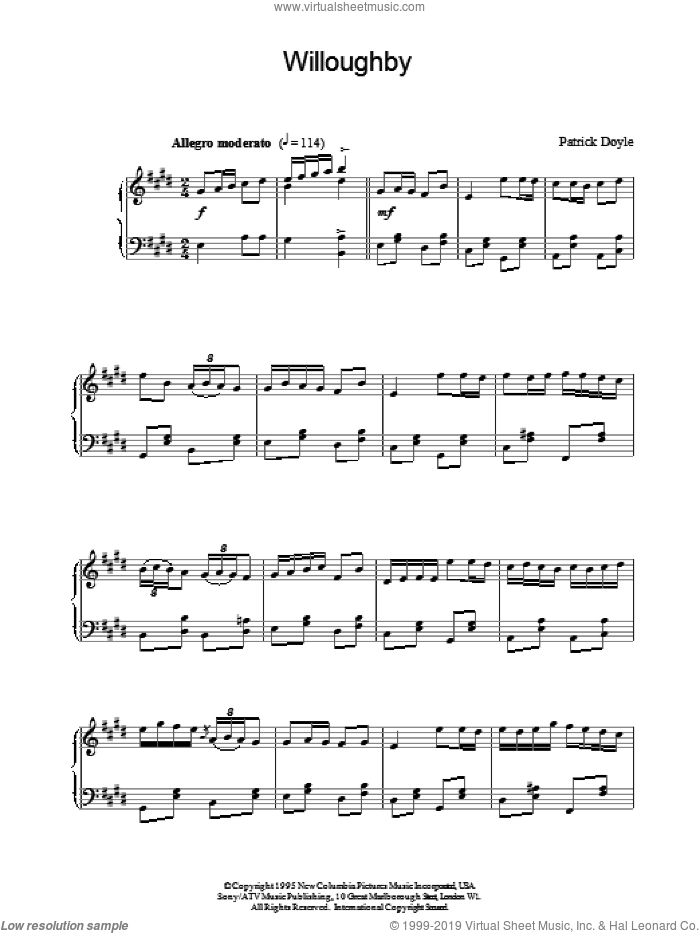 Willoughby sheet music for piano solo by Patrick Doyle, intermediate skill level