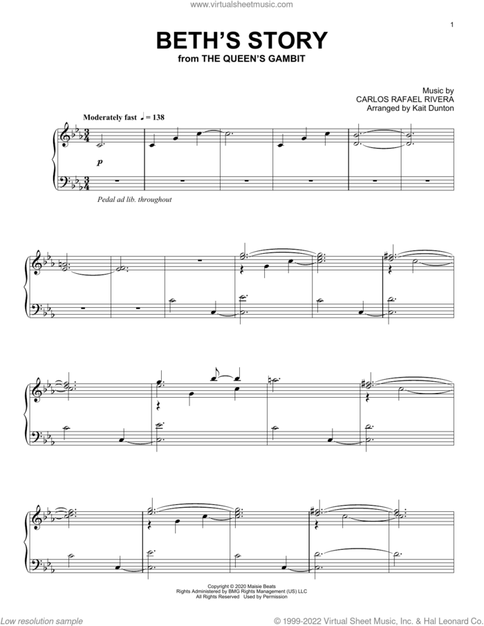Beth's Story (from The Queen's Gambit) sheet music for piano solo by Carlos Rafael Rivera, intermediate skill level