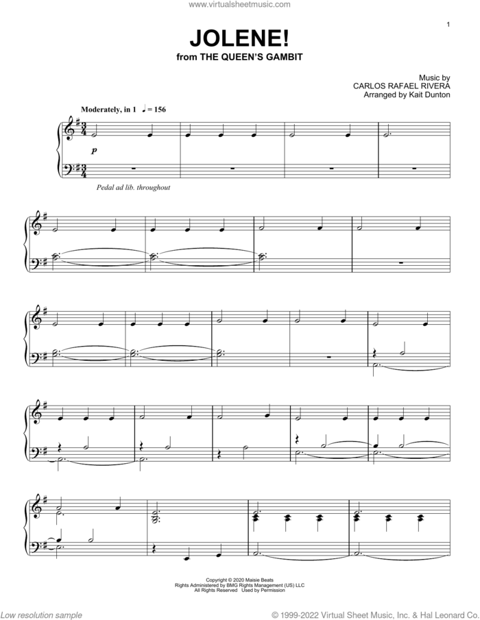 Jolene! (from The Queen's Gambit) sheet music for piano solo by Carlos Rafael Rivera and Asuka Ito, intermediate skill level