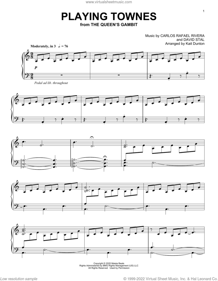 Playing Townes (from The Queen's Gambit) sheet music for piano solo by Carlos Rafael Rivera and David Stal, intermediate skill level