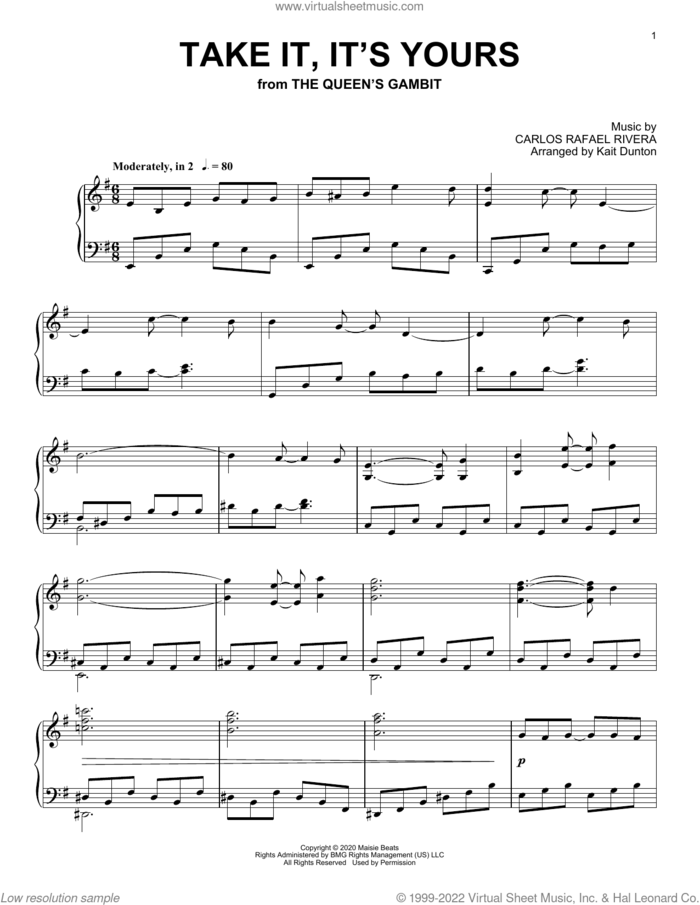 Take It, It's Yours (from The Queen's Gambit) sheet music for piano solo by Carlos Rafael Rivera, intermediate skill level