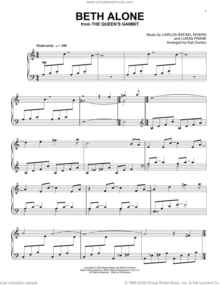 Beth Alone (from The Queen's Gambit) sheet music for piano solo by Carlos Rafael Rivera and Lukas Frank, intermediate skill level