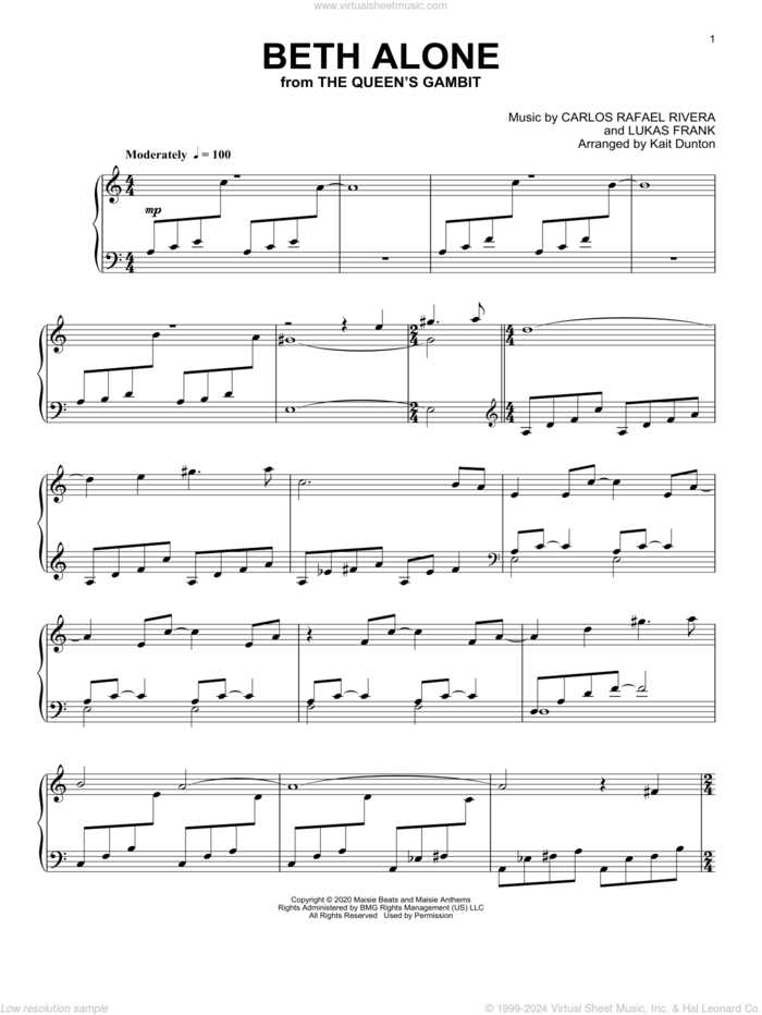 Beth Alone (from The Queen's Gambit) sheet music for piano solo by Carlos Rafael Rivera and Lukas Frank, intermediate skill level