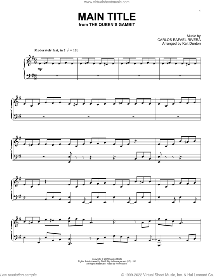 Main Title (from The Queen's Gambit) sheet music for piano solo by Carlos Rafael Rivera, intermediate skill level