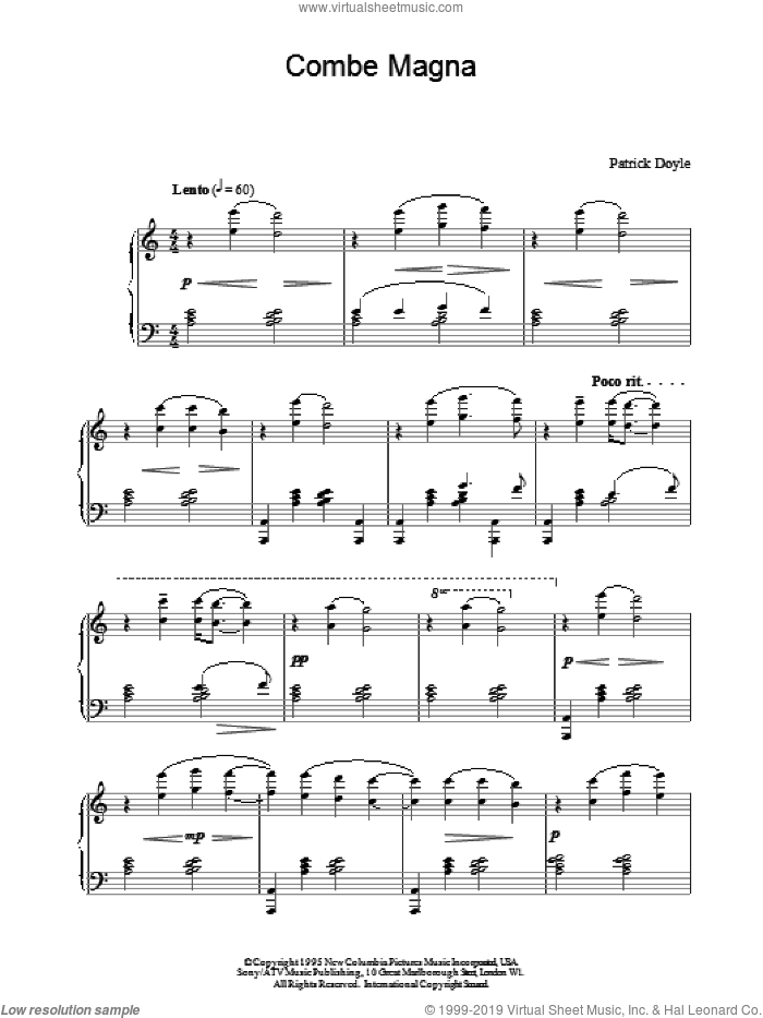 Combe Magna sheet music for piano solo by Patrick Doyle and Patrick  Doyle, intermediate skill level