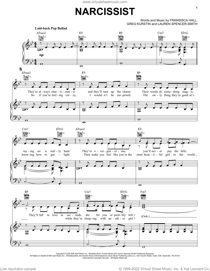 Narcissist sheet music for voice, piano or guitar by Lauren Spencer-Smith, Fransisca Hall and Greg Kurstin, intermediate skill level