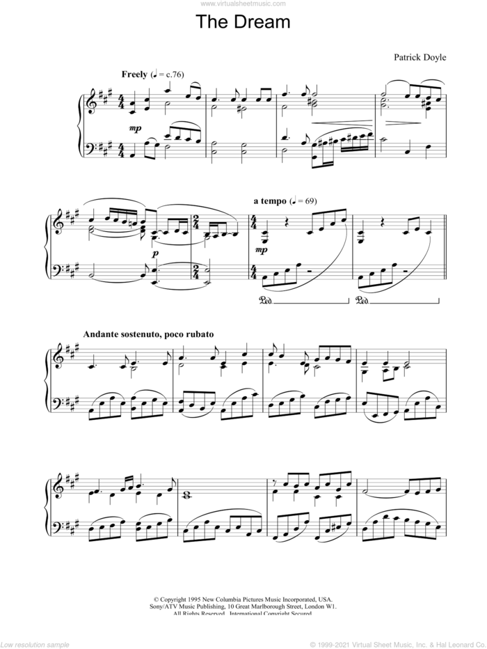 The Dream sheet music for piano solo by Patrick Doyle and Patrick  Doyle, intermediate skill level