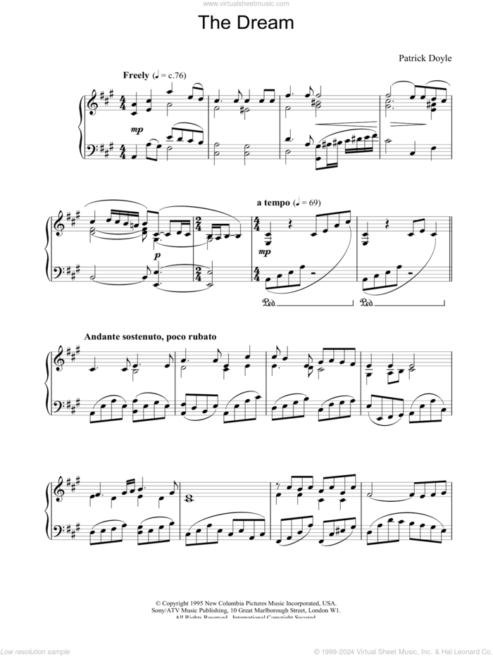 The Dream sheet music for piano solo by Patrick Doyle and Patrick  Doyle, intermediate skill level