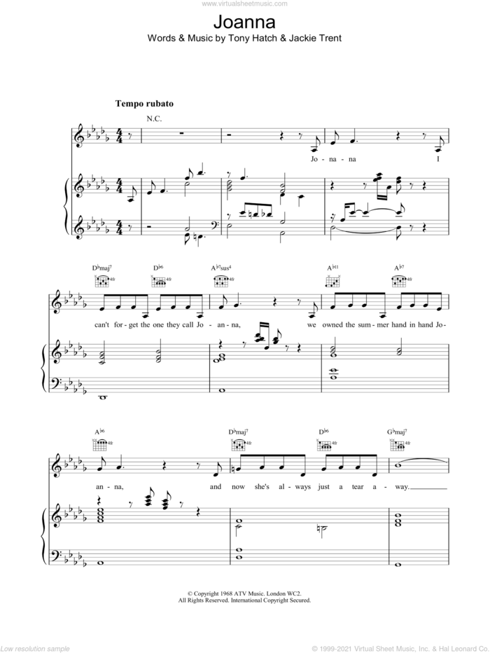 Joanna sheet music for voice, piano or guitar by Scott Walker, intermediate skill level