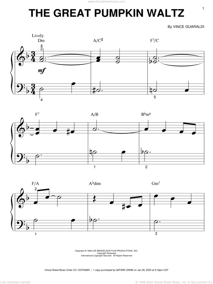 The Great Pumpkin Waltz sheet music for piano solo (big note book) by Vince Guaraldi, easy piano (big note book)