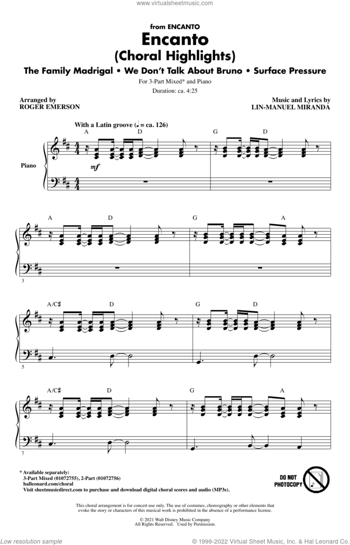 Encanto (Choral Highlights) (arr. Roger Emerson) sheet music for choir (3-Part Mixed) by Lin-Manuel Miranda and Roger Emerson, intermediate skill level