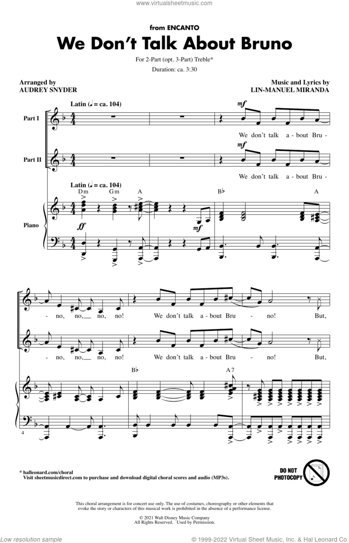 We Don't Talk About Bruno (arr. Audrey Snyder) sheet music for choir (2-Part, 3-Part Mixed) by Lin-Manuel Miranda and Audrey Snyder, intermediate skill level