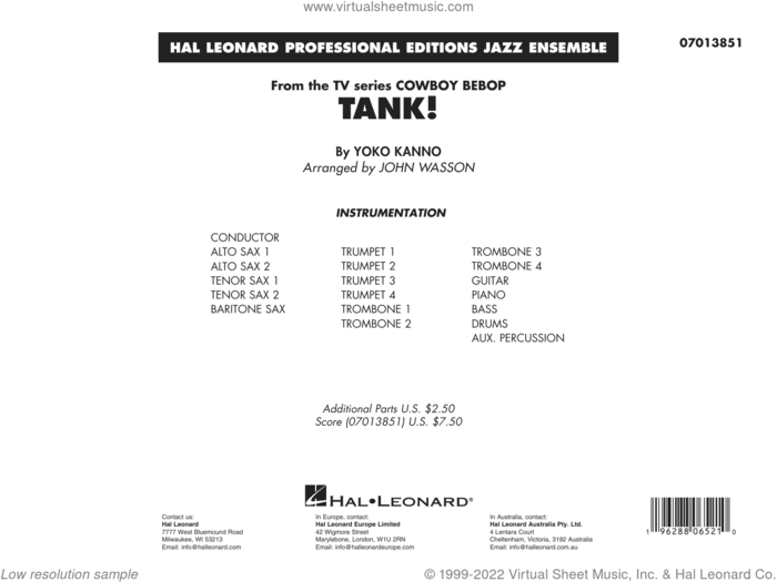 Tank! (from Cowboy Bebop) (arr. John Wasson) (COMPLETE) sheet music for jazz band by John Wasson and Yoko Kanno, intermediate skill level