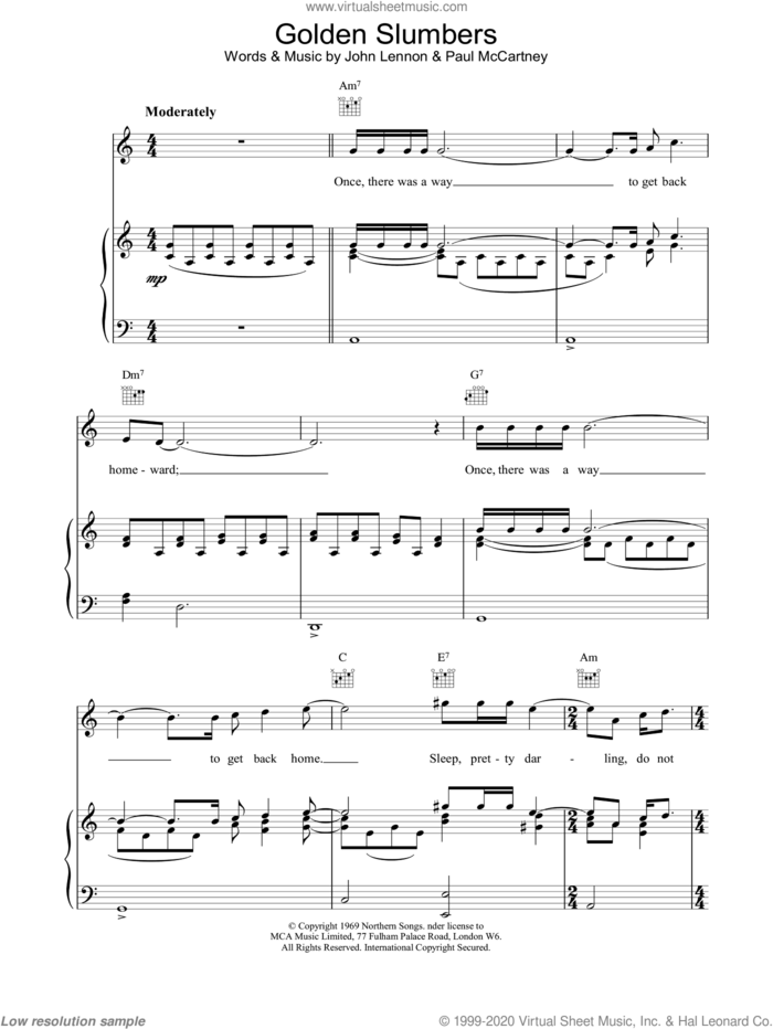 Golden Slumbers sheet music for voice, piano or guitar by The Beatles, intermediate skill level