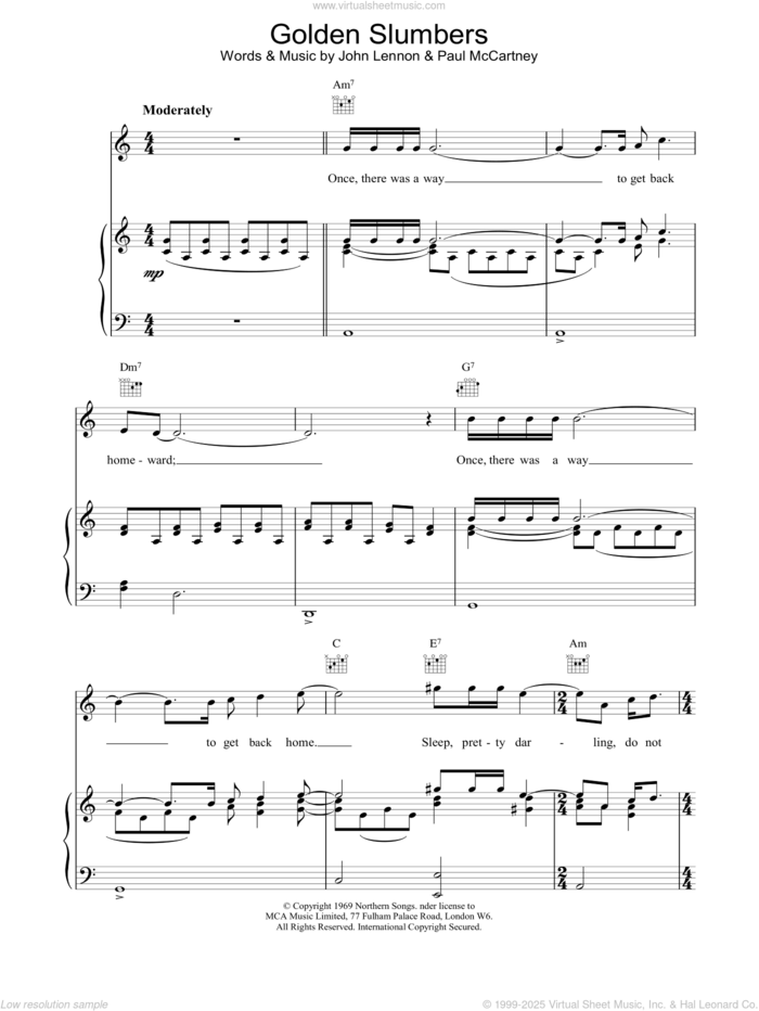 Golden Slumbers sheet music for voice, piano or guitar by The Beatles, intermediate skill level