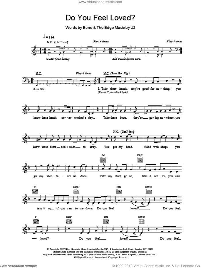 Do You Feel Loved? sheet music for voice and other instruments (fake book) by U2, intermediate skill level