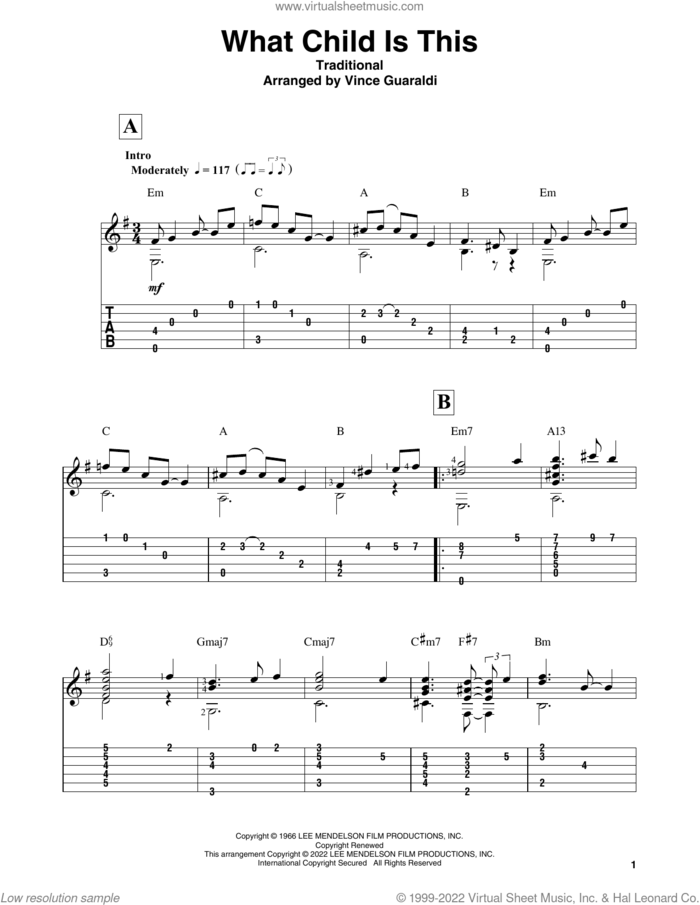 What Child Is This (from A Charlie Brown Christmas) sheet music for guitar solo by Vince Guaraldi, intermediate skill level