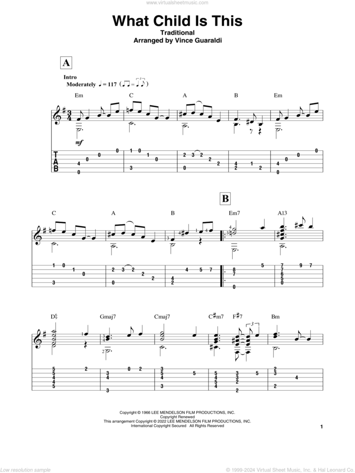 What Child Is This (from A Charlie Brown Christmas) sheet music for guitar solo by Vince Guaraldi, intermediate skill level