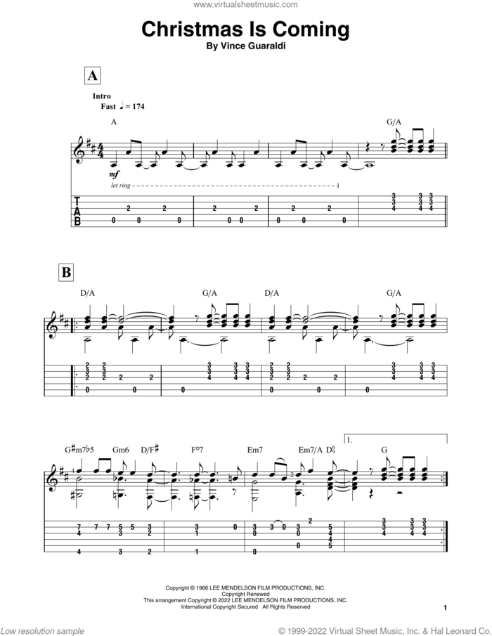 Christmas Is Coming (from A Charlie Brown Christmas) sheet music for guitar solo by Vince Guaraldi, intermediate skill level
