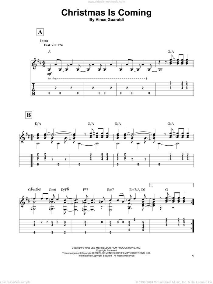 Christmas Is Coming (from A Charlie Brown Christmas) sheet music for guitar solo by Vince Guaraldi, intermediate skill level