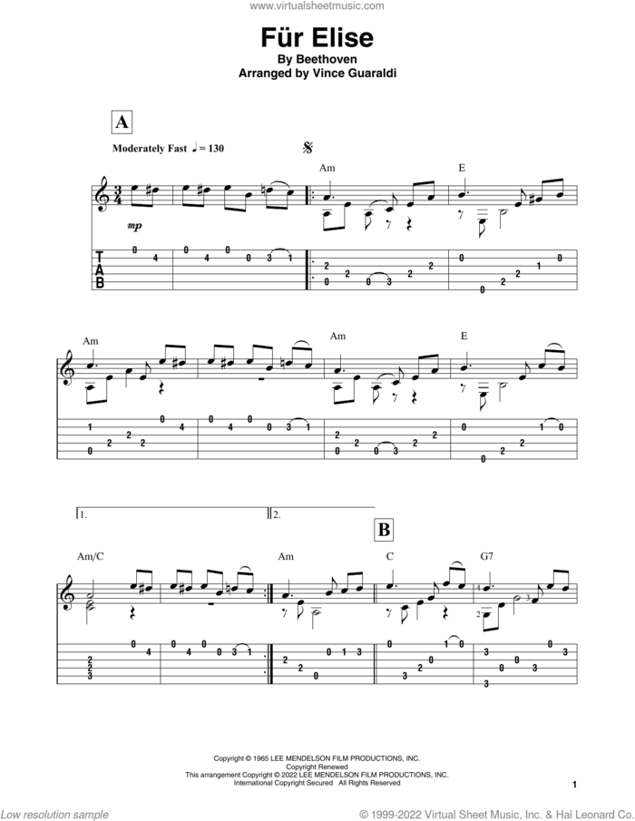 Fur Elise (from A Charlie Brown Christmas) sheet music for guitar solo by Ludwig van Beethoven and Vince Guaraldi, intermediate skill level