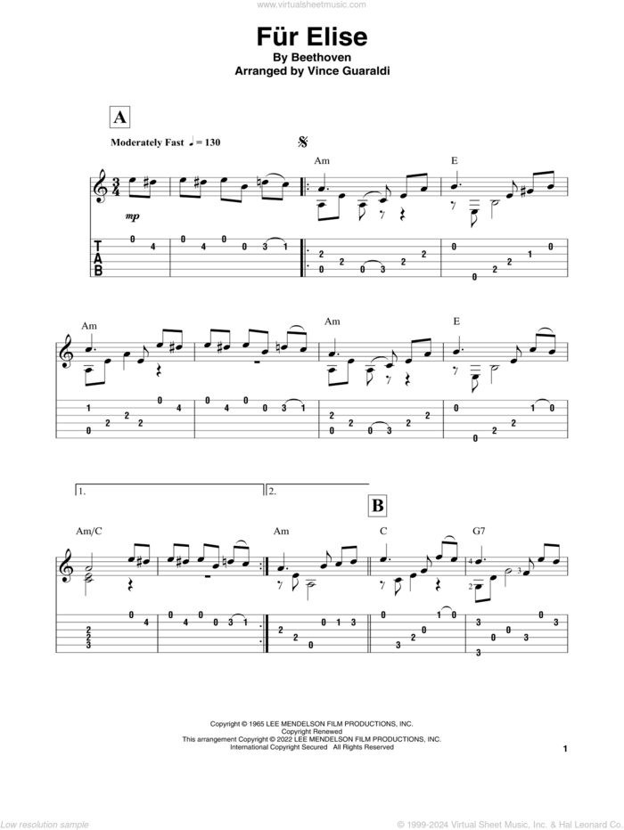 Fur Elise (from A Charlie Brown Christmas) sheet music for guitar solo by Ludwig van Beethoven and Vince Guaraldi, intermediate skill level