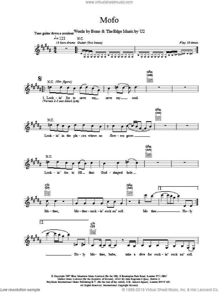 Mofo sheet music for voice and other instruments (fake book) by U2, intermediate skill level