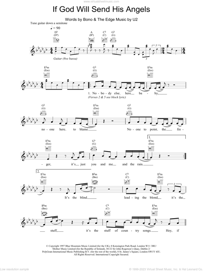 If God Will Send His Angels sheet music for voice and other instruments (fake book) by U2, intermediate skill level
