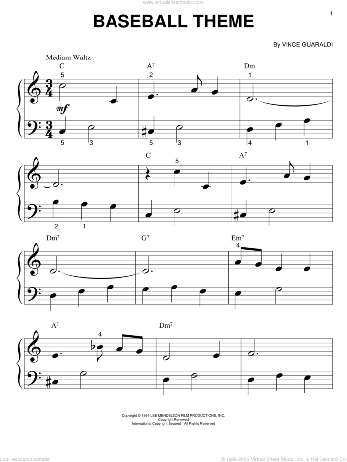 Baseball Theme sheet music for piano solo (big note book) by Vince Guaraldi, easy piano (big note book)