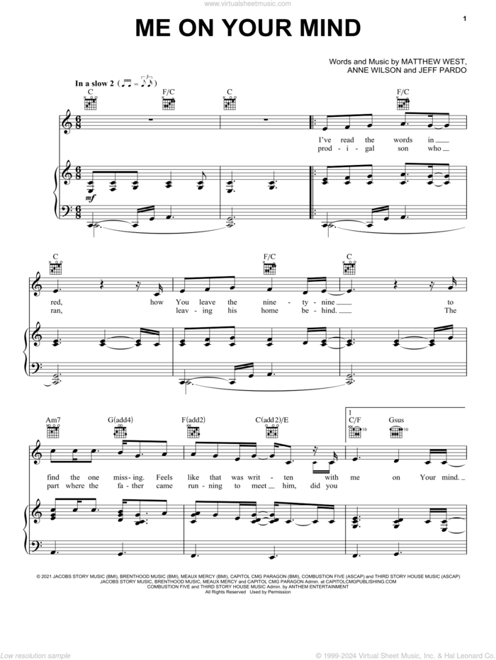 Me On Your Mind sheet music for voice, piano or guitar by Matthew West, Anne Wilson and Jeff Pardo, intermediate skill level