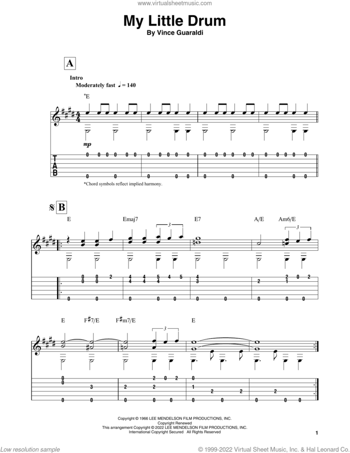 My Little Drum (from A Charlie Brown Christmas) sheet music for guitar solo by Vince Guaraldi, intermediate skill level