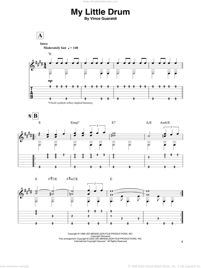 My Little Drum (from A Charlie Brown Christmas) sheet music for guitar solo by Vince Guaraldi, intermediate skill level