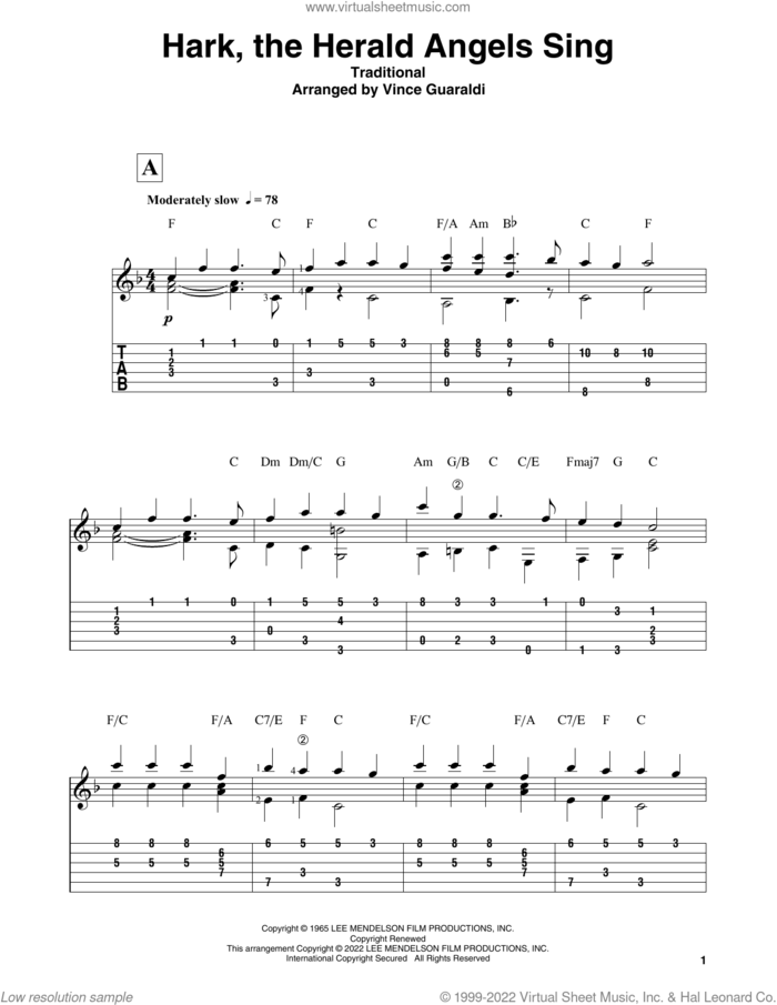Hark, The Herald Angels Sing (from A Charlie Brown Christmas) sheet music for guitar solo by Vince Guaraldi, intermediate skill level