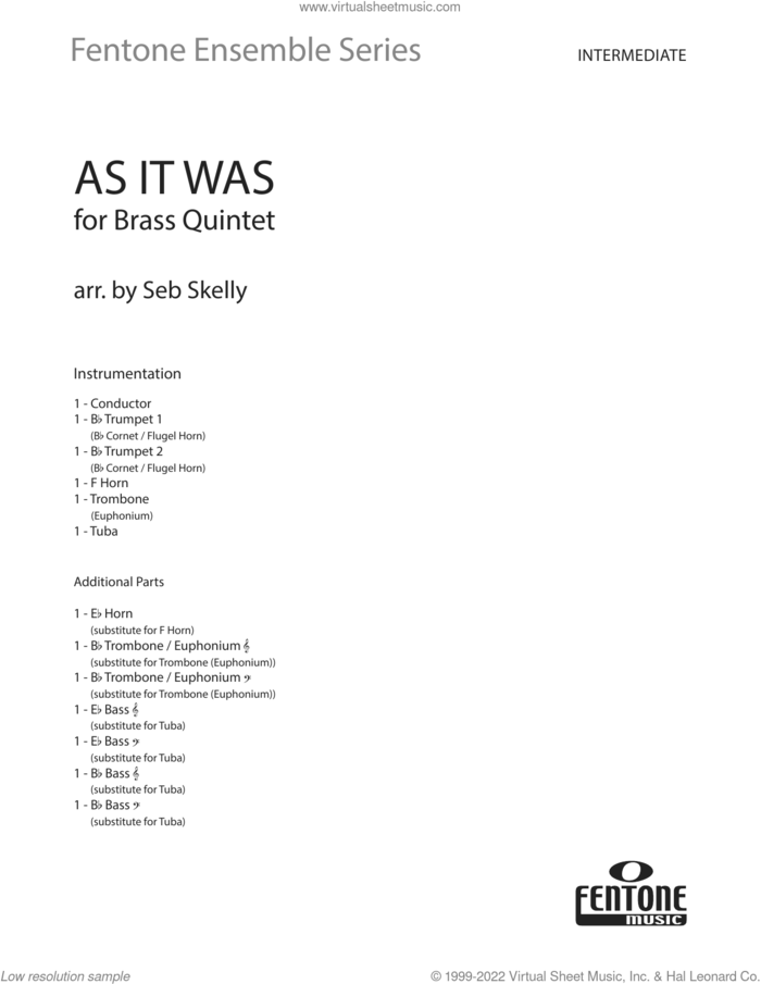 As It Was (for Brass Quintet) (arr. Seb Skelly) (COMPLETE) sheet music for brass quintet by Harry Styles, Seb Skelly, Tom Hull and Tyler Johnson, intermediate skill level