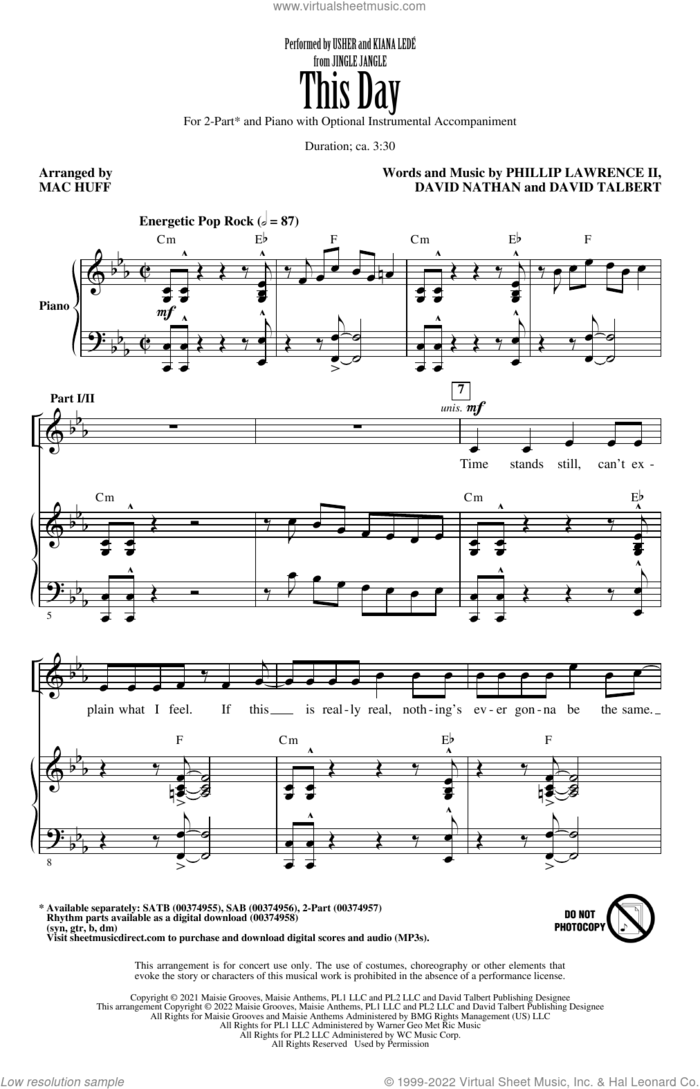 This Day (from Jingle Jangle) (arr. Mac Huff) sheet music for choir (2-Part) by Usher and Kiana Ledé, Mac Huff, David Nathan, David Talbert and Philip Lawrence, intermediate duet