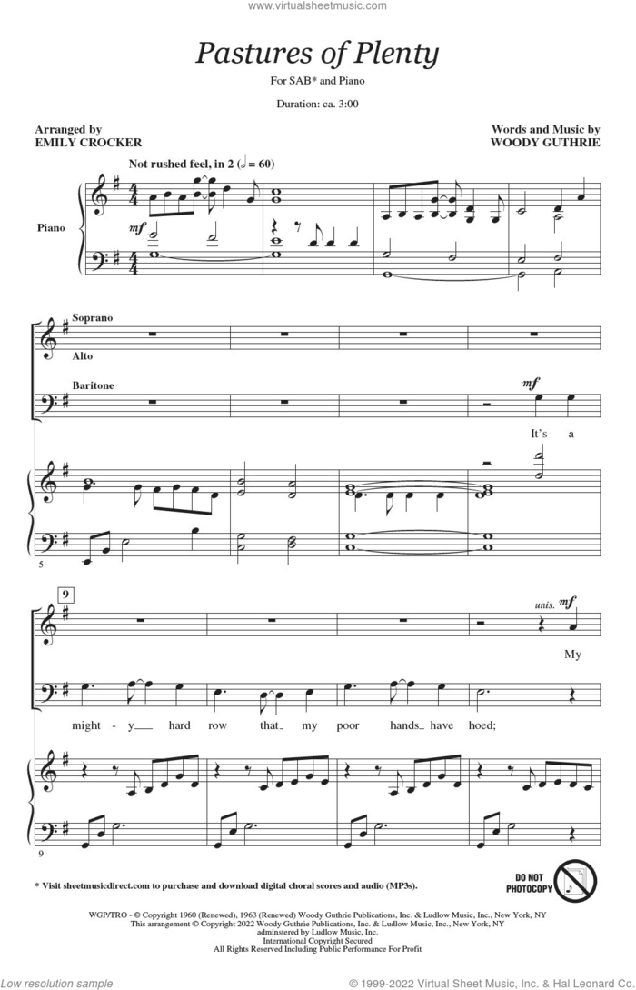 Pastures Of Plenty (arr. Emily Crocker) sheet music for choir (SAB: soprano, alto, bass) by Woody Guthrie and Emily Crocker, intermediate skill level