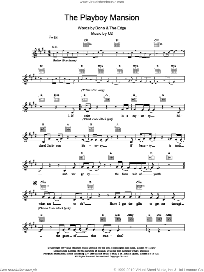 The Playboy Mansion sheet music for voice and other instruments (fake book) by U2, intermediate skill level